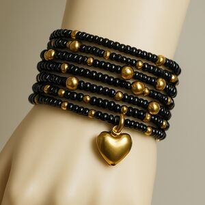 Black & Gold Beaded Wrap Bracelet – Multi-Strand with Gold Heart Charm, Jewelry